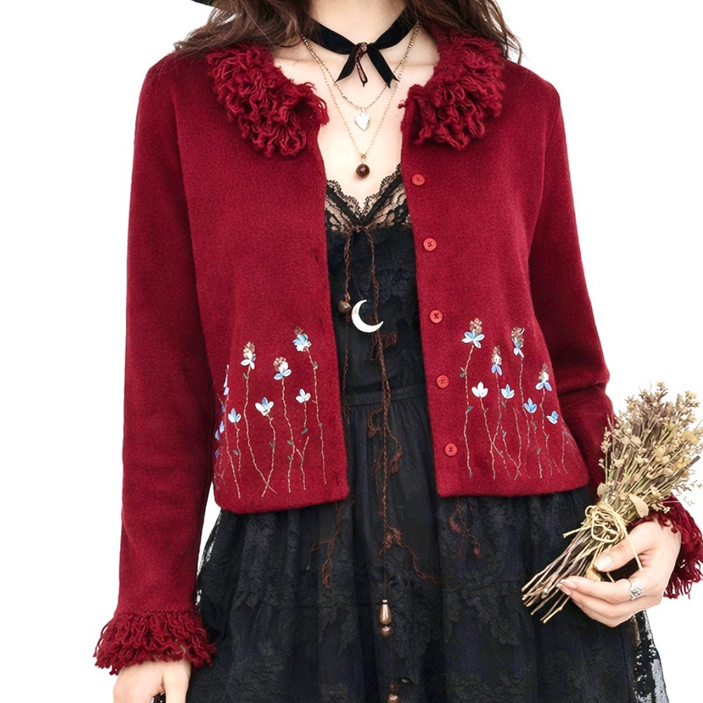 Y2K TELLURIDE 90s Fringe Trim 3D Floral Cardigan Sweater Whimsigoth Boho Size L